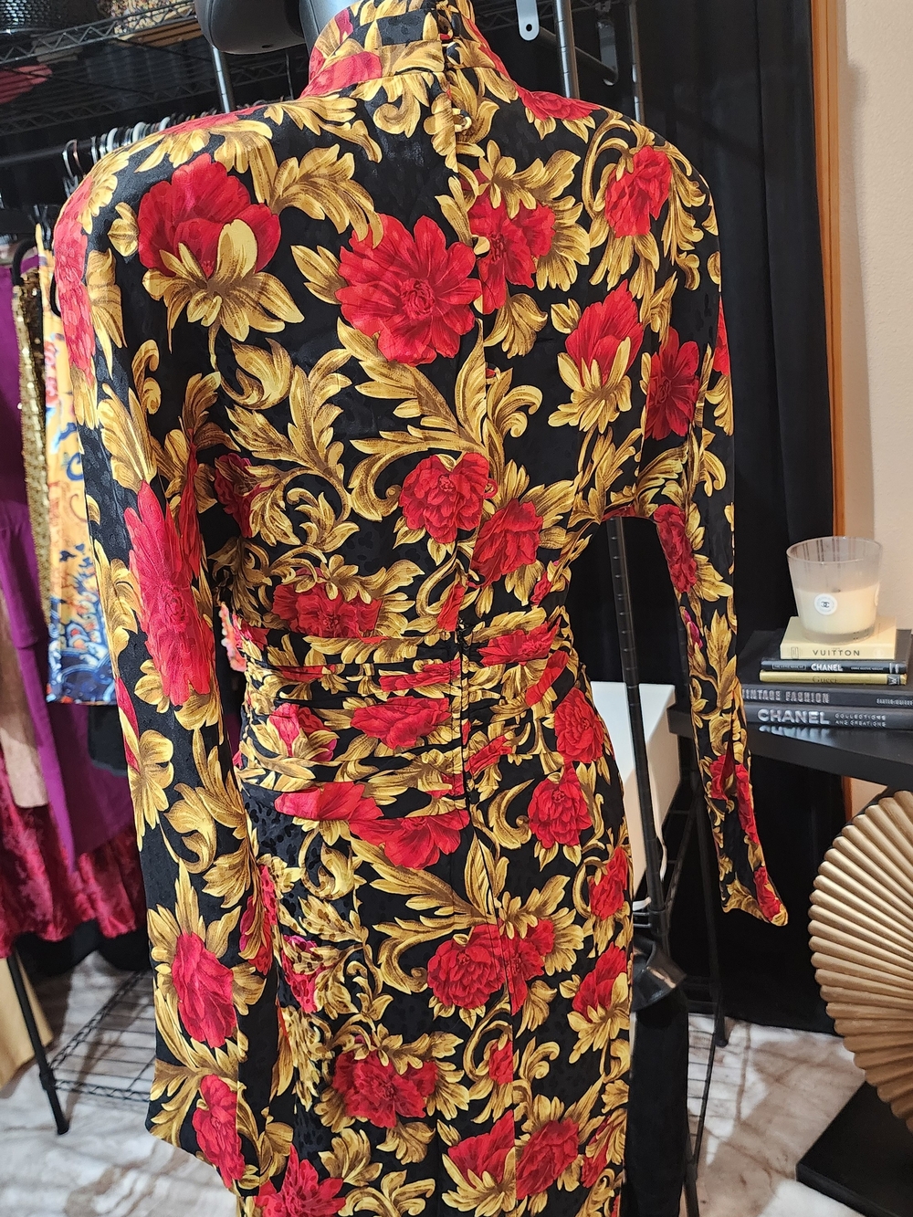 Vintage 80s MAGGY LONDON 100% Silk Baroque Floral Runway Dress Size 4 - Picture 6 of 8